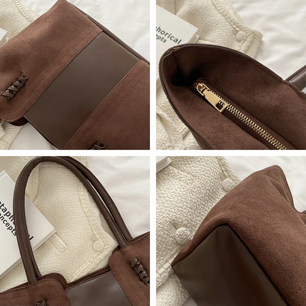 Fotografia 6: Bolsa de superfície de camurça para mulheres, bolsa de lazer de moda coreana, sacola de emenda de colisão de cor vintage