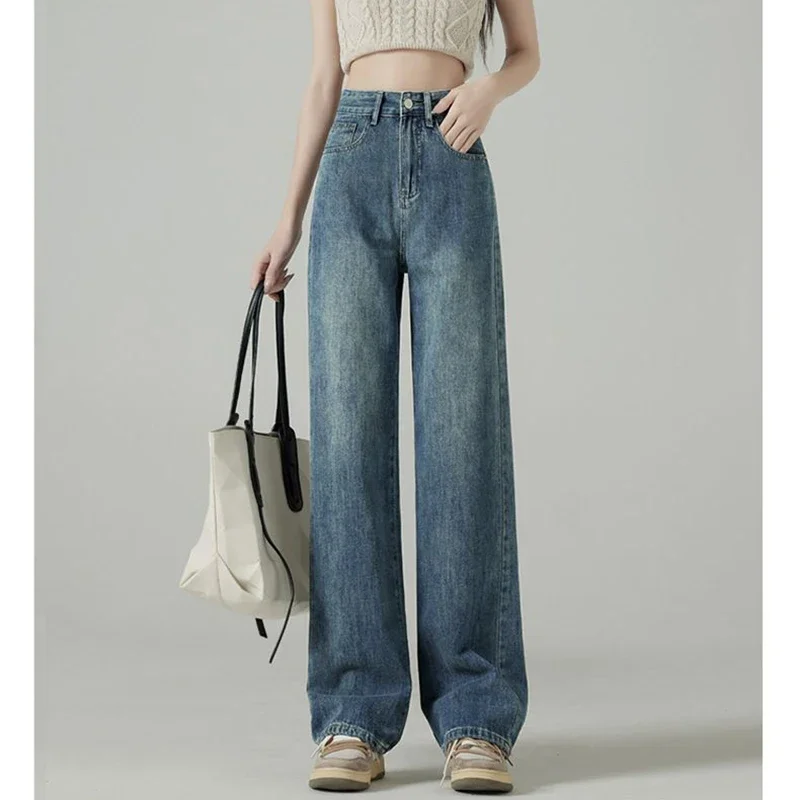 

Female Blue Black High Waisted Denim Pants Girls Ins Fashion Leisure Jeans Pants Lady Classic Korean Straight Leg Jeans Trousers