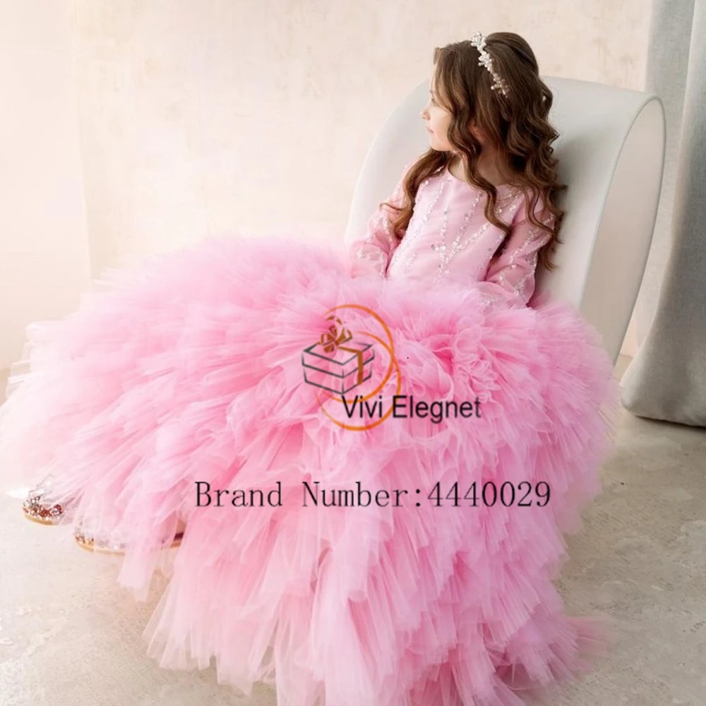 Pink Scoop Flower Girls Dresses with Sequined Full Sleeve Christmas Gowns 2023 Summer New Soft Tulle Zipper فلور فتاة اللباس