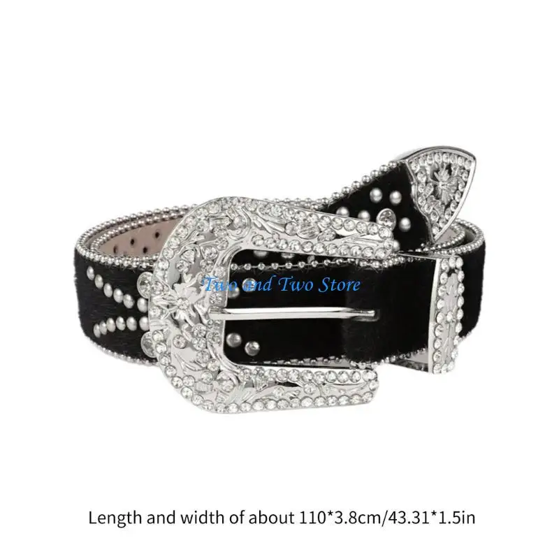 HX6F حزام برشام على شكل نجمة خماسية للنساء مع حزام راعية البقر مطرز بالخرز لسراويل الجينز وحزام البنات وحزام الخصر المزخرف