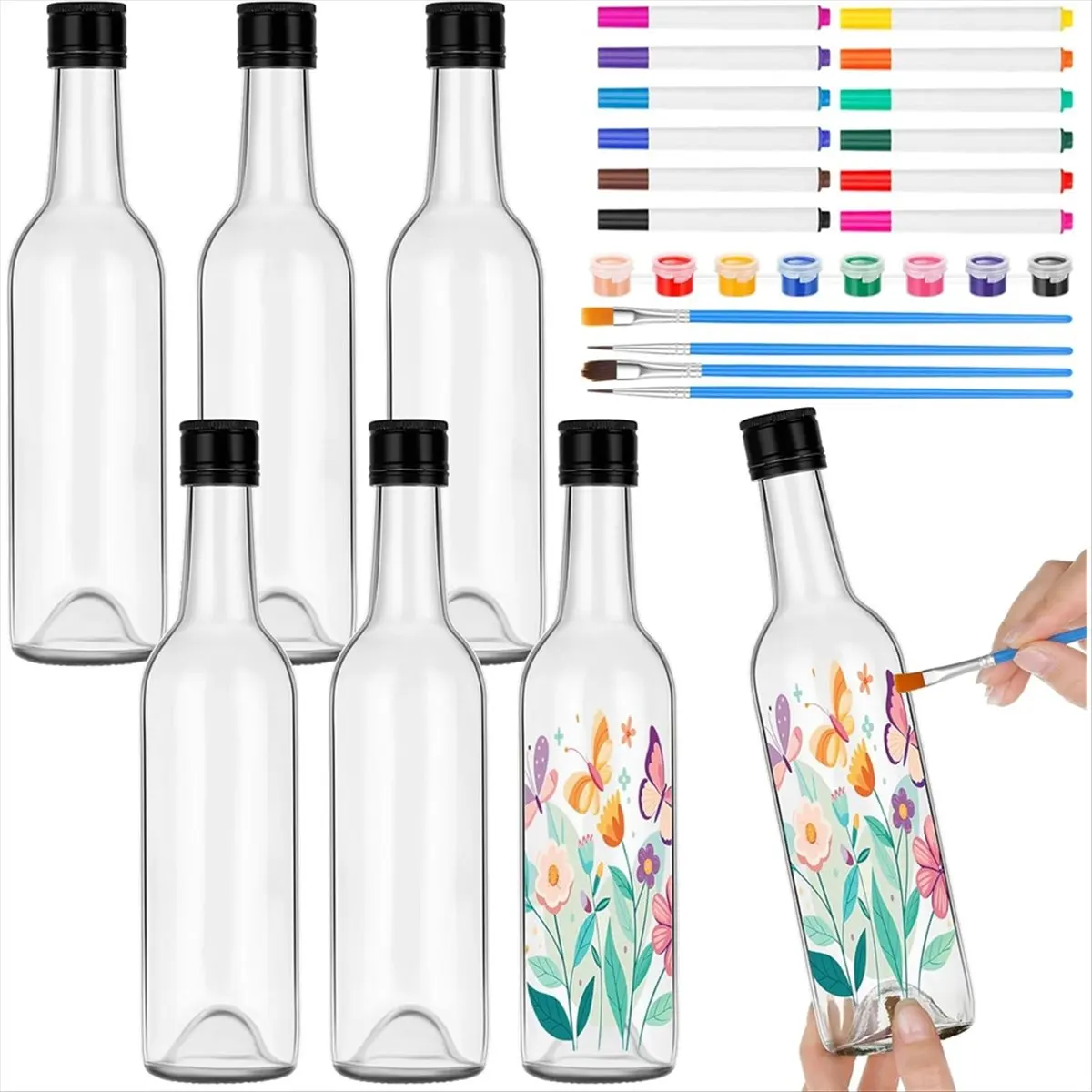 BHBL 6 Sets Paint Your Own Wine Bottle Set Brushes to Design Your Own Personalized Craft Glass for Wine Glasses for Adults