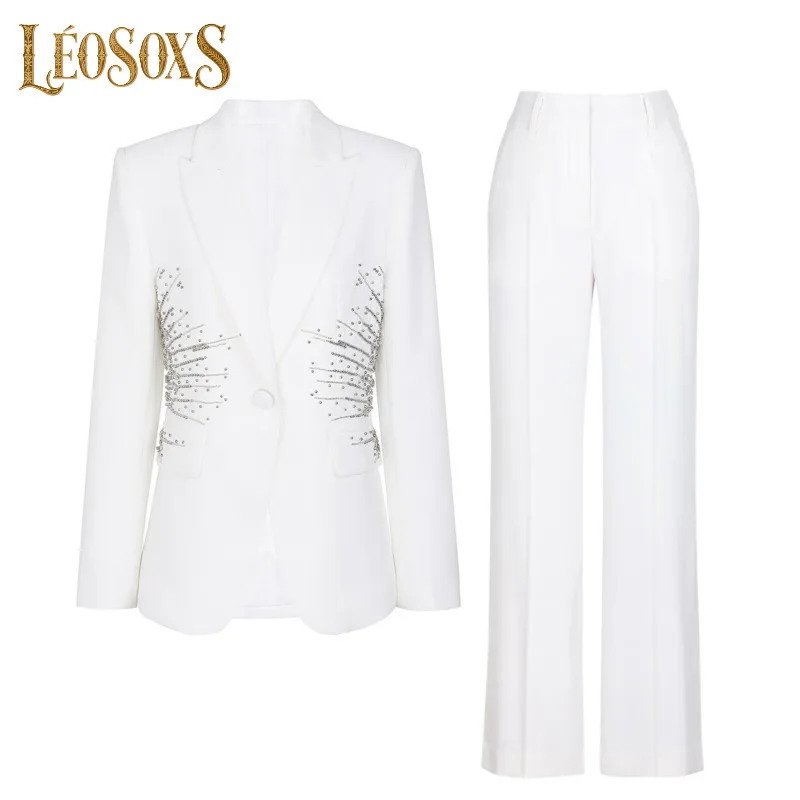 LEOSOXS レディースツーピーススーツ ラインストーン花火装飾ブレザー＆フレアパンツ 超華やかなフォーマルシーン向け 2025