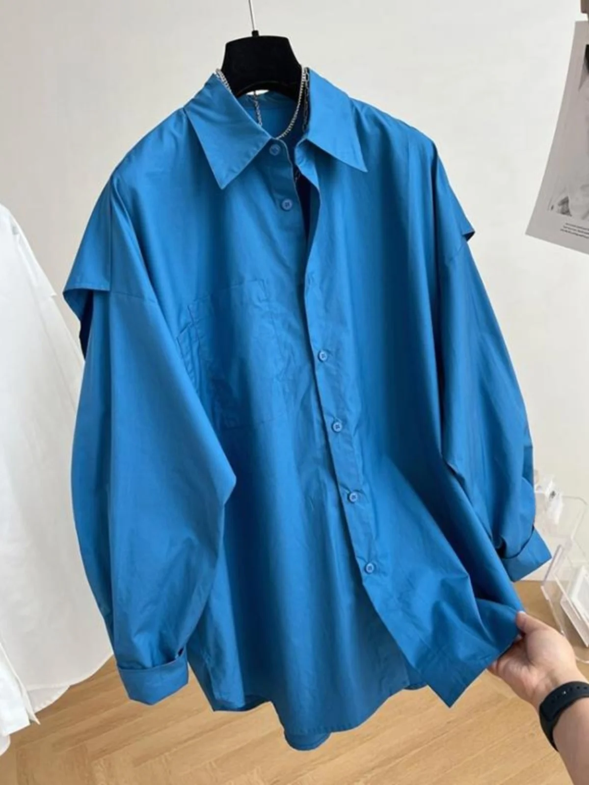

Loose Women's irt Korean Sle Commute Wind Long Sve Pure Color Button down Casual Outerwear Lazy Sle Coat