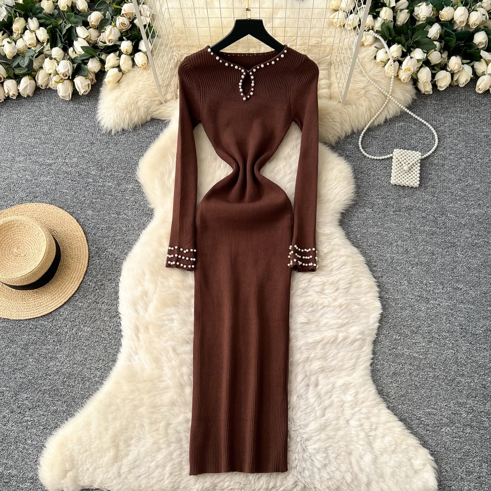 Clothland 여성 우아한 비즈 장식 니트 드레스 브이넥 컷아웃 긴 소매 원피스 미디 드레스 Vestido QE285