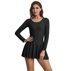 Aoylisey Women Ballet Dance Leotard With Skirt One Piece Long Sleeve Skirted Bodysuit Latin Scoop Neck Gymnastics Dresses