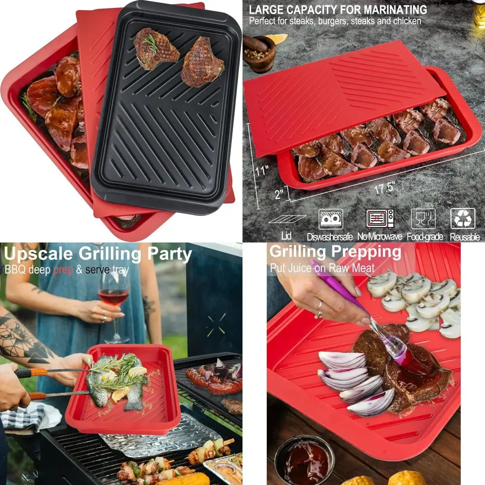 

Меламиновый поднос для барбекю для маринования и сервировки с крышкой, идеально подходит для жарки и приготовления продуктов, черный и красный