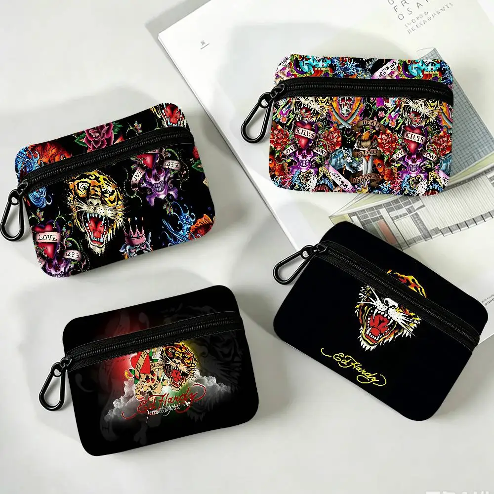 E-Ed H-Hardy Tattoo Tiger Portable Mini Oxford Cloth Coin Purse With Carabiner Hook Zipper Key Card Earphone Storage Wallet
