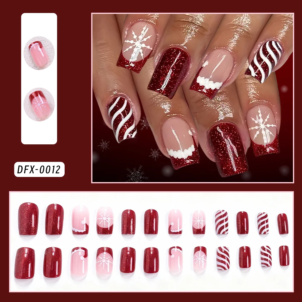 24Pcs Christmas Wine Red Snowflakes False Nails DIY Snowflake Santa Claus Press On False Nails Tip Glitter Stripes Fake Nails
