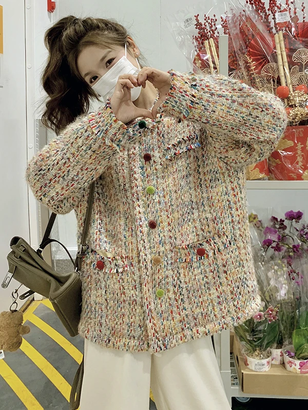 محبوك تويد Jaet المرأة الحلو Sle ort ملابس خارجية الخريف 2025 Faion الاتجاه زر التفاصيل ألياف البوليستر #3