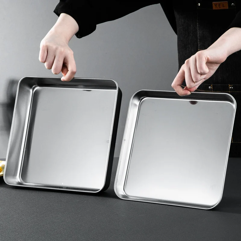 304 Flat Bottom Stainless Steel Square Tray Baking Pan Multifunctional Dessert Straight Edge Baking Tray Kitchen Storage Tools