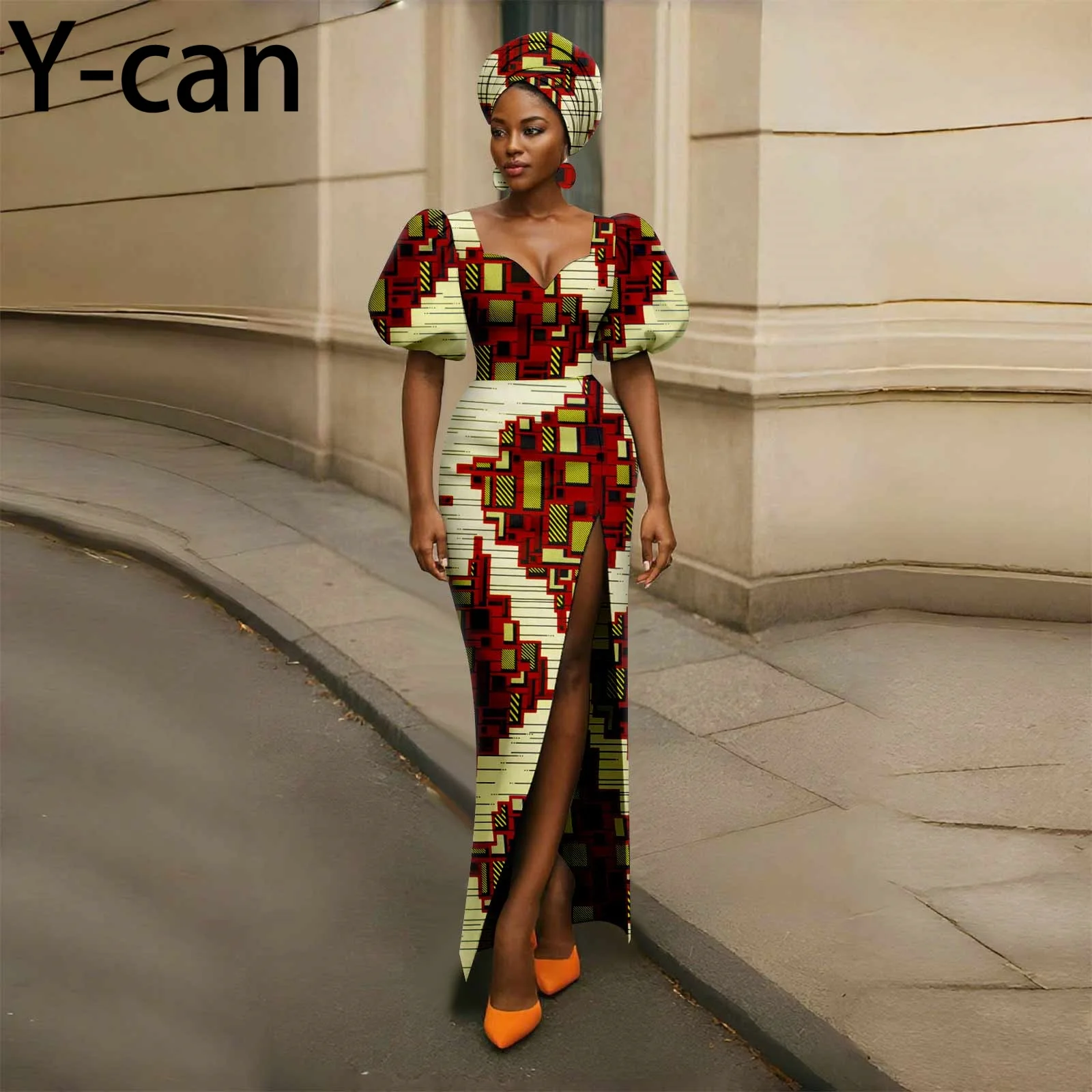 

African Dresses for Woman Sexy Fashion Puff Sleeve Slit Dress with Headscarf Earrings African Style Party Wedding 2525158