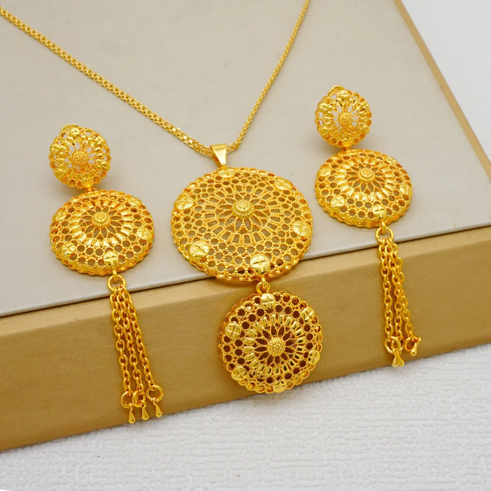 Trendy Gold Color Jewelry Sets Big Round Pendant Copper Earrings Sexy Jewelry For Women Young Lady Wedding Party Gifts