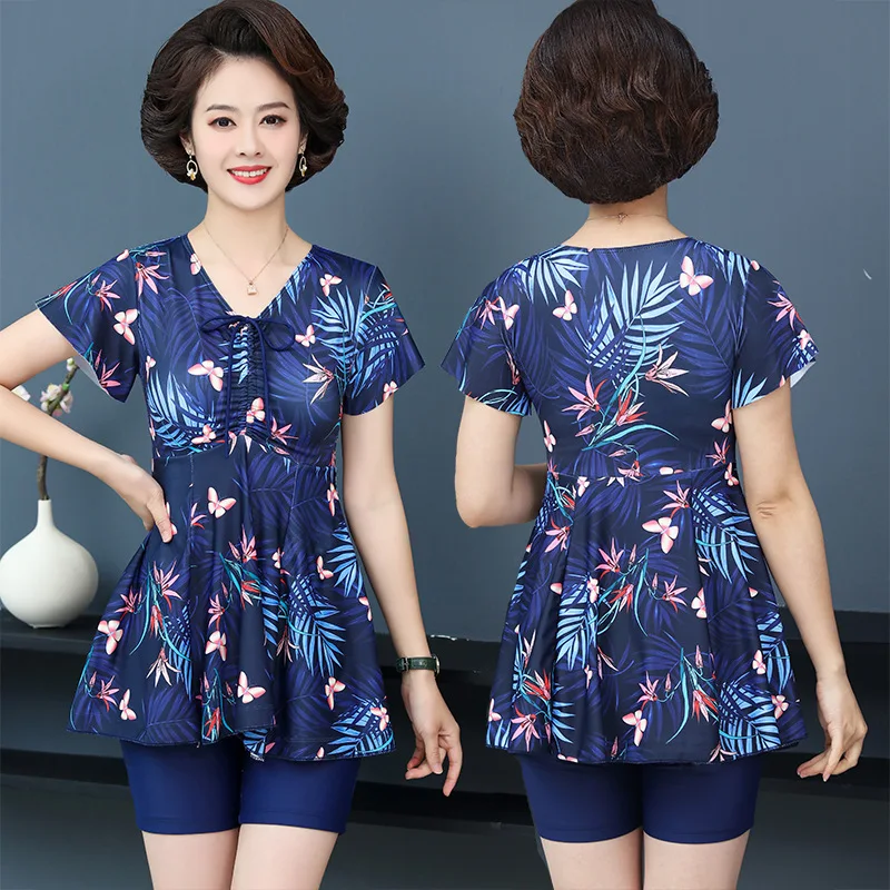 Plus Size Women's Swimsuit for Middle-aged and Elderly Mothers, Five-point Pants, Two-piece Skirt Style, Conservative Hot Spring