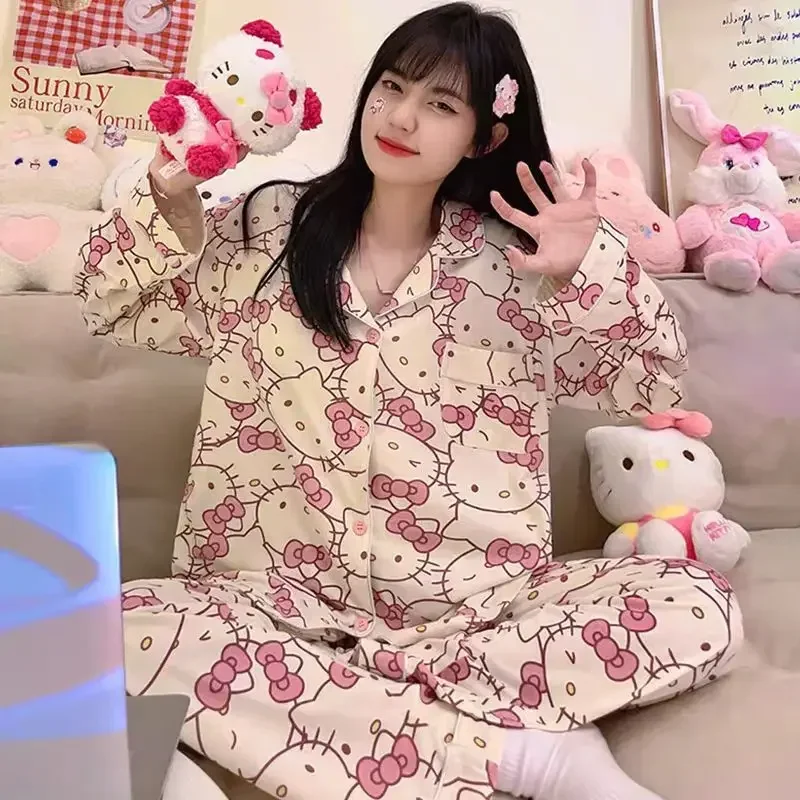 

Kawaii Cute Sanrio Hello Kitty Woman Pajamas Spring and Fall Cartoon Long-sleeved Loose Casual Homewear Two-piece Set Girls Gift