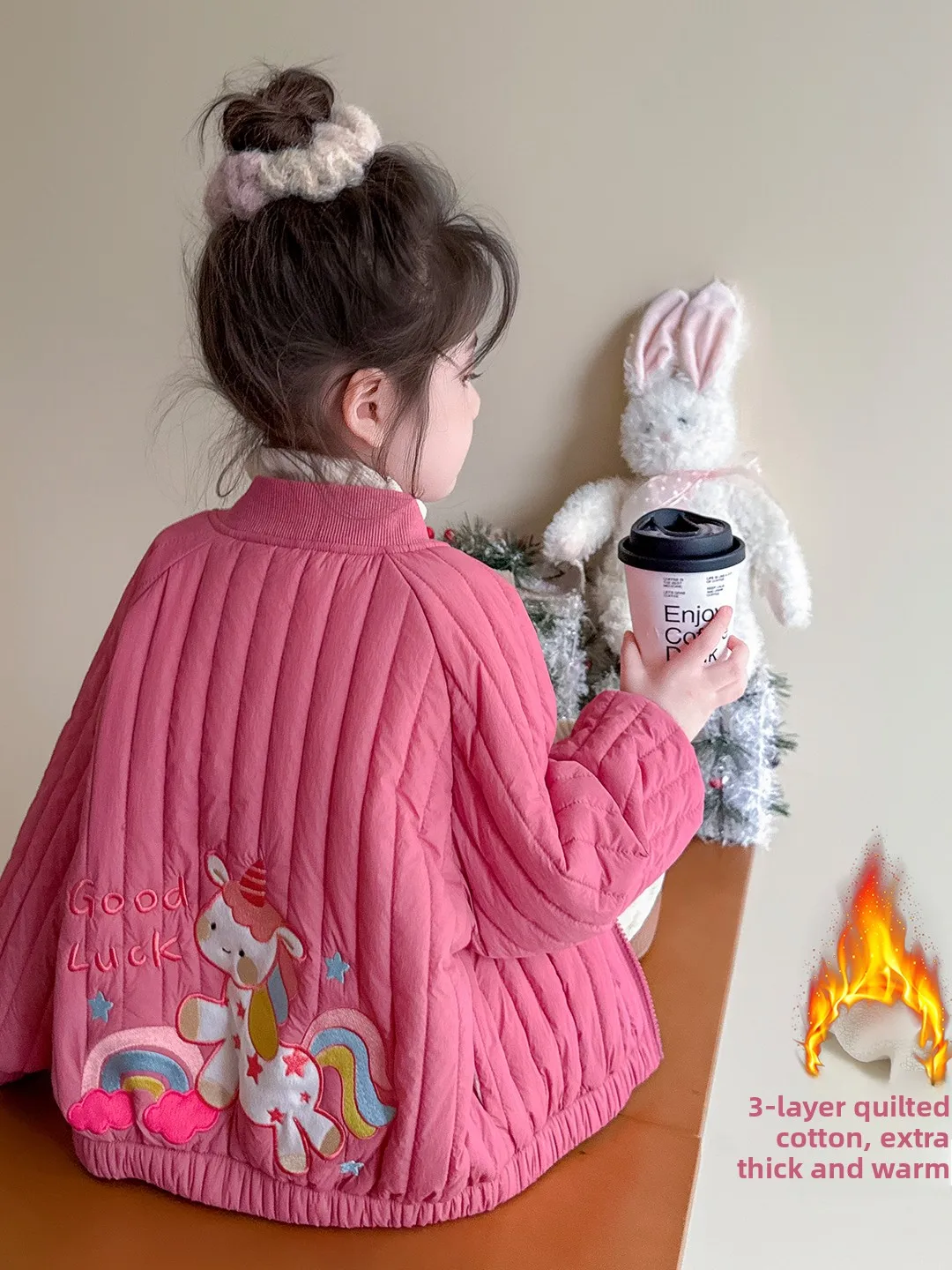 

Girls Cotton Jaet Winter Thiened Fce Lined Rainbow Embroidered Cotton Coat Children's Warm Outerwear Coat