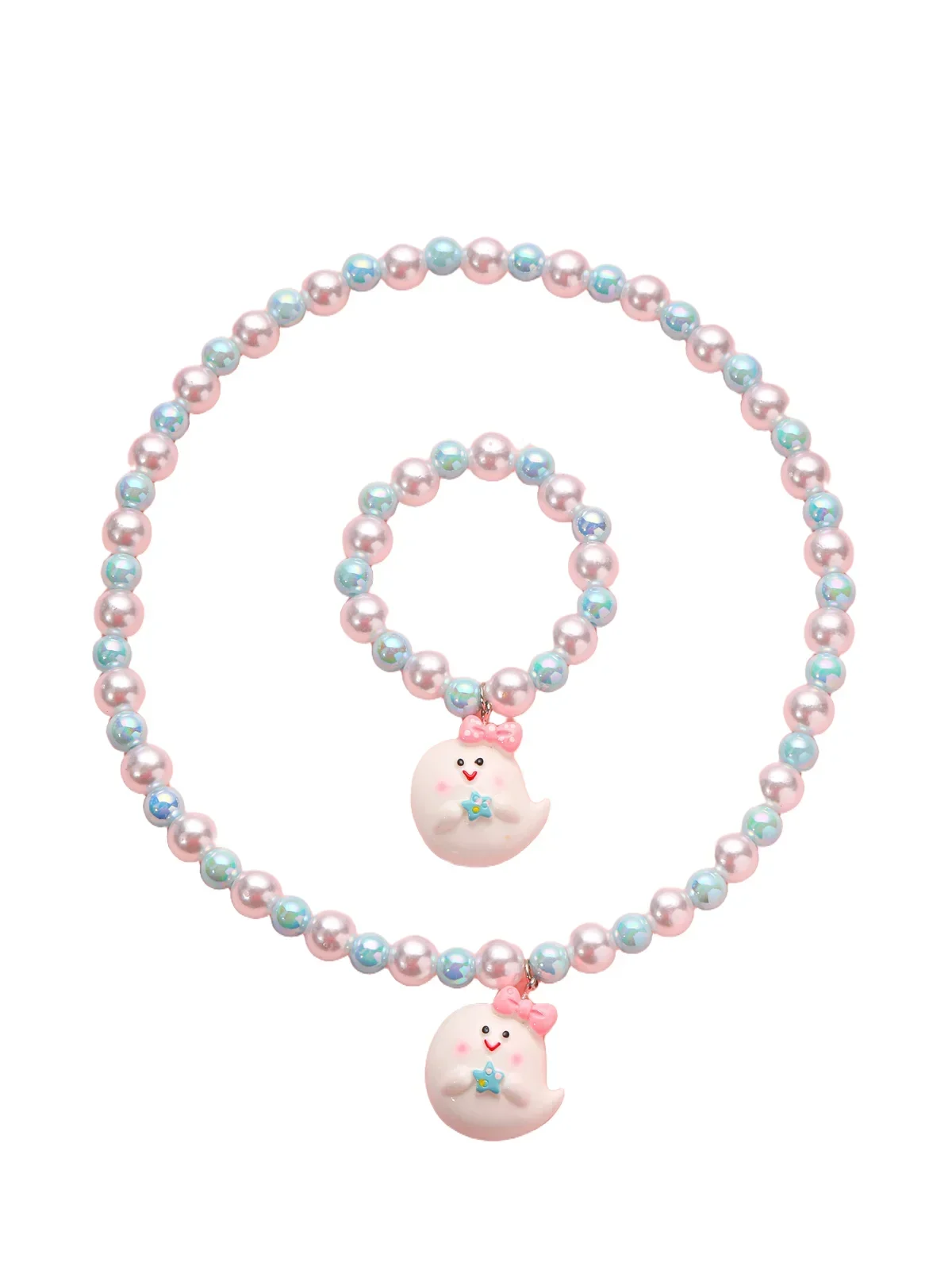 2 قطع الملونة تقليد اللؤلؤ قلادة سوار مجموعة أطفال بنات لعبة من الكارتون طقم مجوهرات الأطفال الأميرة تأثيري هدية