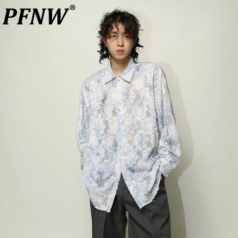 

PFNW Male Hollow Out Flower Printing Shirts New Lapel Long Sleeve Sunscreen Loose Thin Tops Summer 2024 Chic Trendy 28W4005