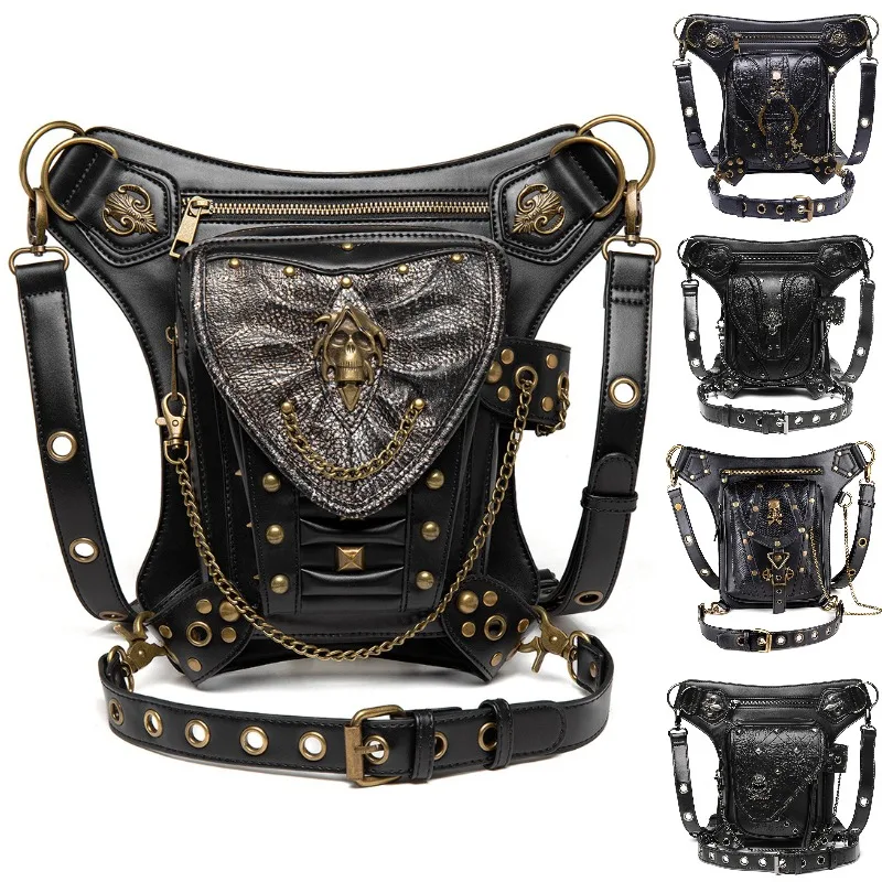 Retro Punk Waist Leg Bag Rock Gothic Skull Motorcycle Chain Multifunctional Shoulder Crossbody Bag Men Women Handbags Totes