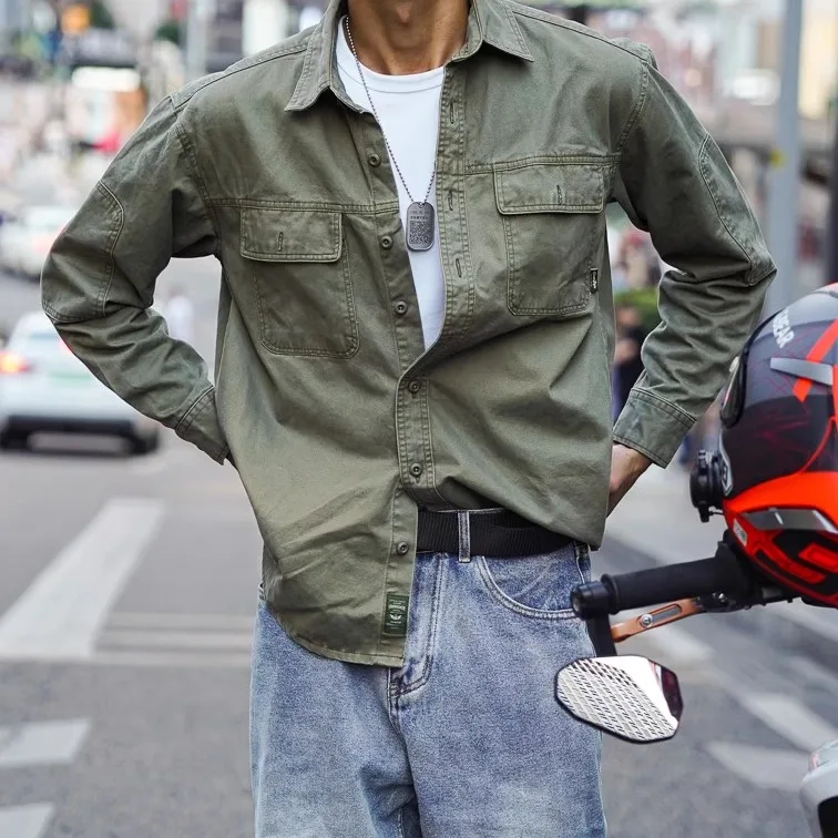 

Classic Outdoor Casual Workwear Long Sve irt Men's American Heavyweight Waed Loose irt Jaet Youth Trend Spill-Proof