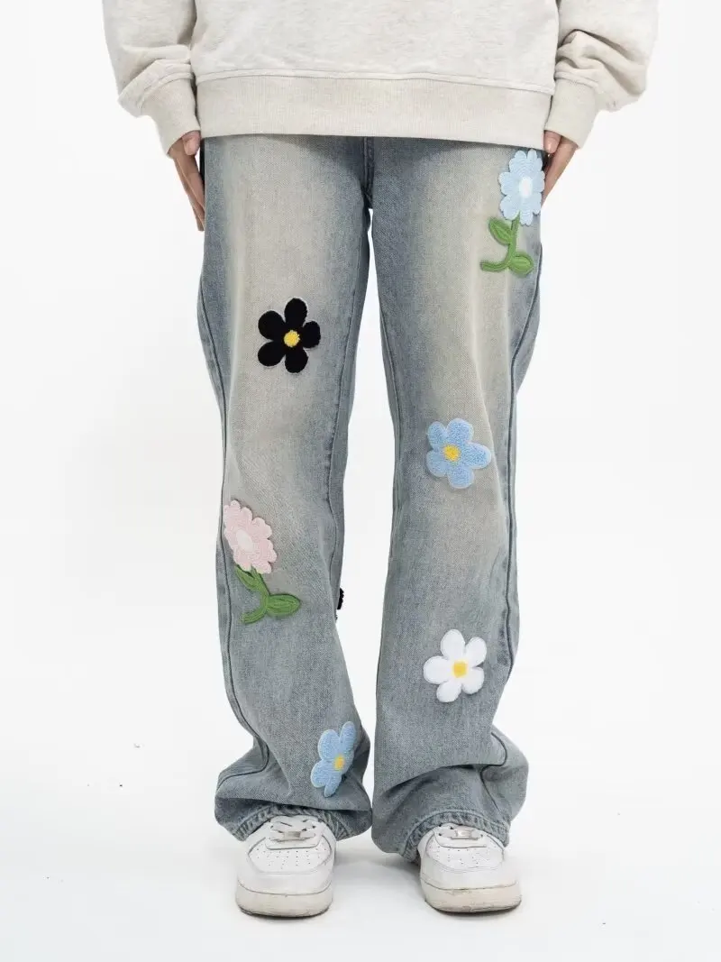 Flower Embroidery Jeans For Men Hiphop Loose Petal Patch Wide Leg Pants High Street Retro y2k Clothes korean fashion Pantalones