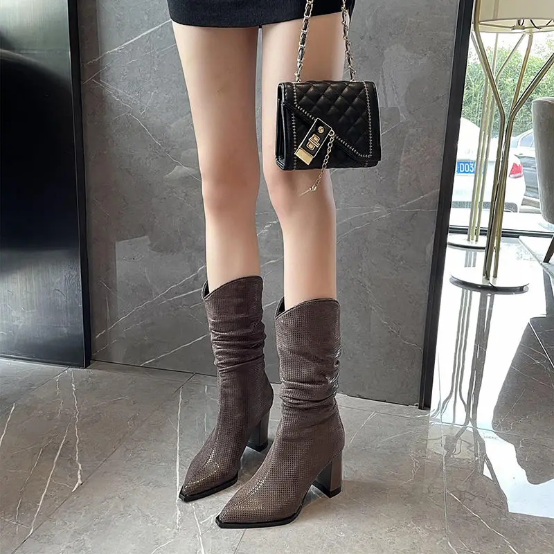 

Осень-зима, плиссированные женские туфли до середины икры с острым носком, шикарные и элегантные, популярная мода 2025 года, женские полувысокие сапоги в готическом стиле