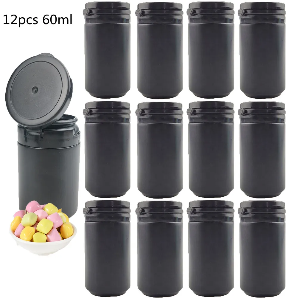 12pcs 60ml 2oz Black Plastic HDPE Straight Round Empty Plastic Pill Container Chewing Gum Bottle With Pull Ring Cap