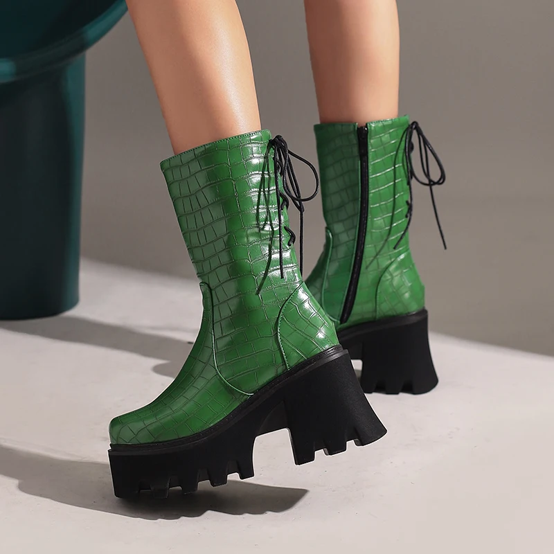 2024 new autumn winter women ankle boots plus size 22-28cm Plaid pattern Microfiber side zip back lace up platform modern boots