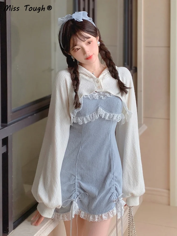 Lace Japanese Sweet Lolita Dress Women Bow Pink Kawaii Party Mini Dresses Female Blue Princess Korean Fashion Dresse Winter 2022