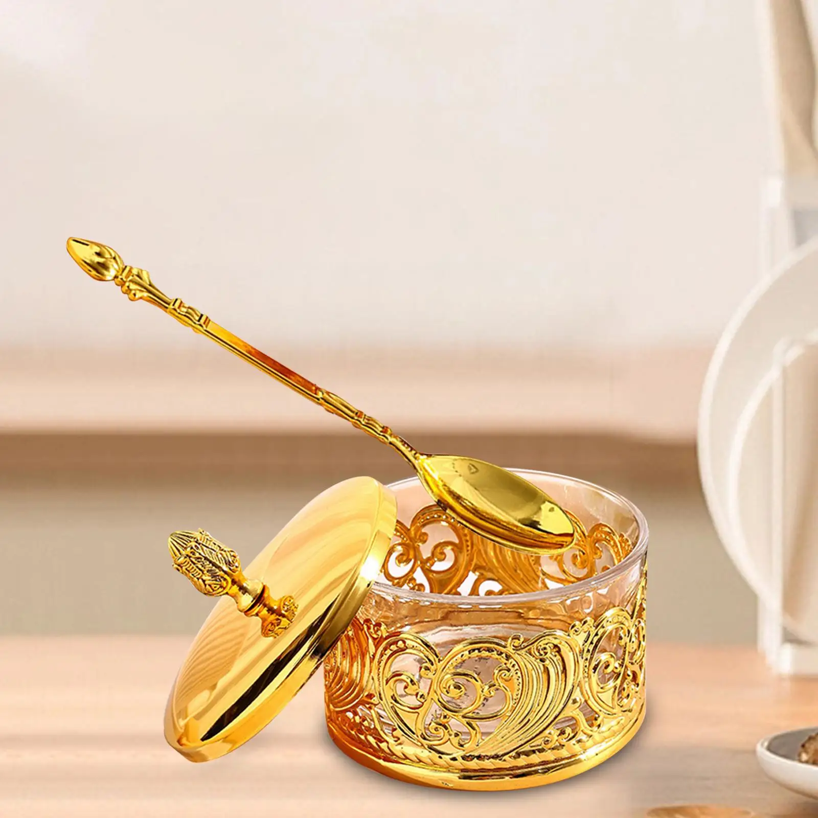 Sugar Bowl with Lid Luxury Decorative Jar Retro Embossed Food Storage Container Condiment Pot for Event Parties Gift Kitchen