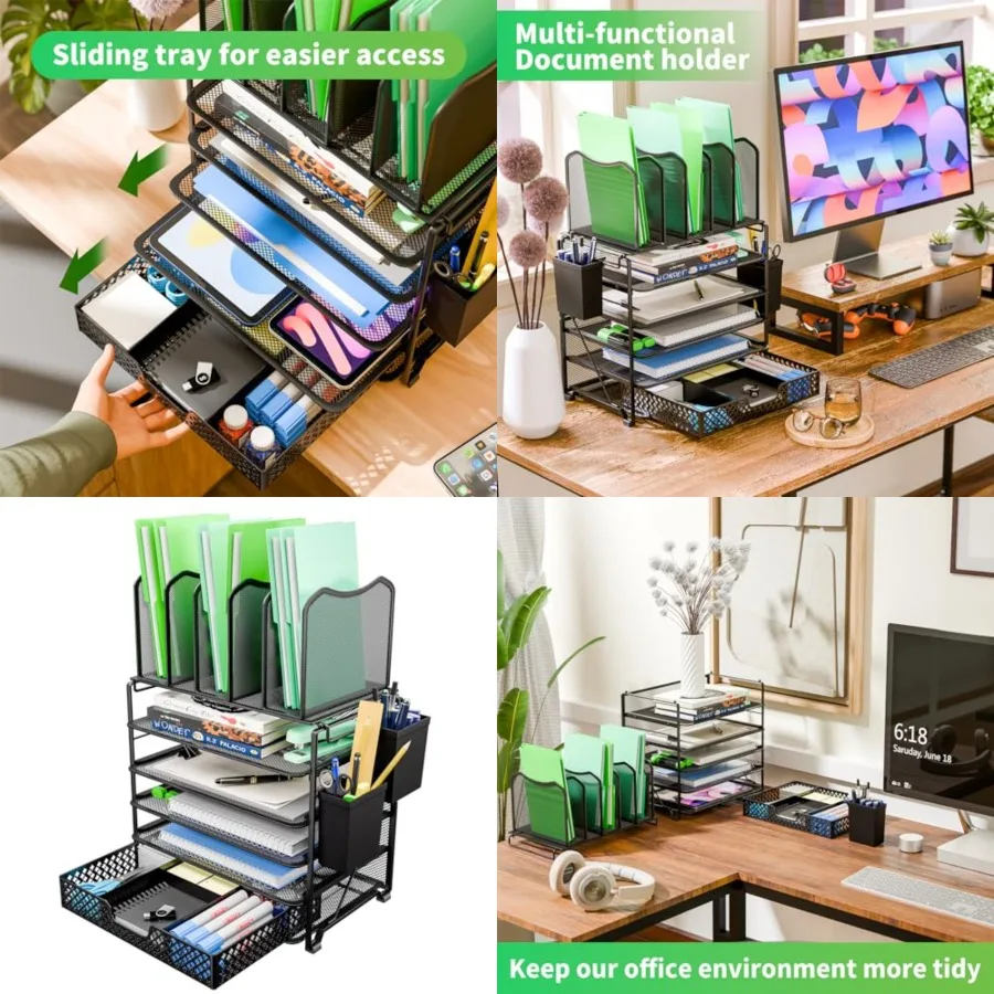 5 Tier Mesh Desk File Organizer with Sliding Drawer for Office and Home Use Black Efficient Paper Letter Tray Holder for Worksp