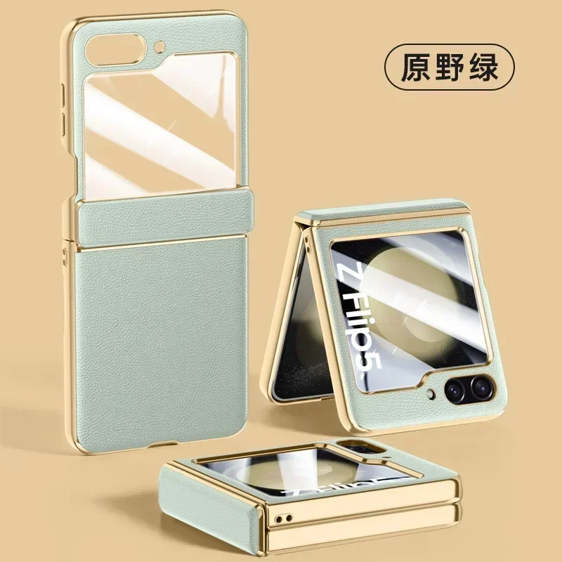 Cases For Samsung Galaxy Z Flip5 Phone Case Electroplated Leather Spring Hinge Shell Film All-Inclusive Z Flip6 Protective Cover