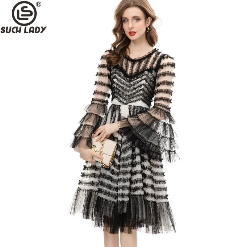 

Women's Runway Dresses O Neck Long Flare Sleeves Printed Tiered Ruffles Fashion High Street Designer Vestidos