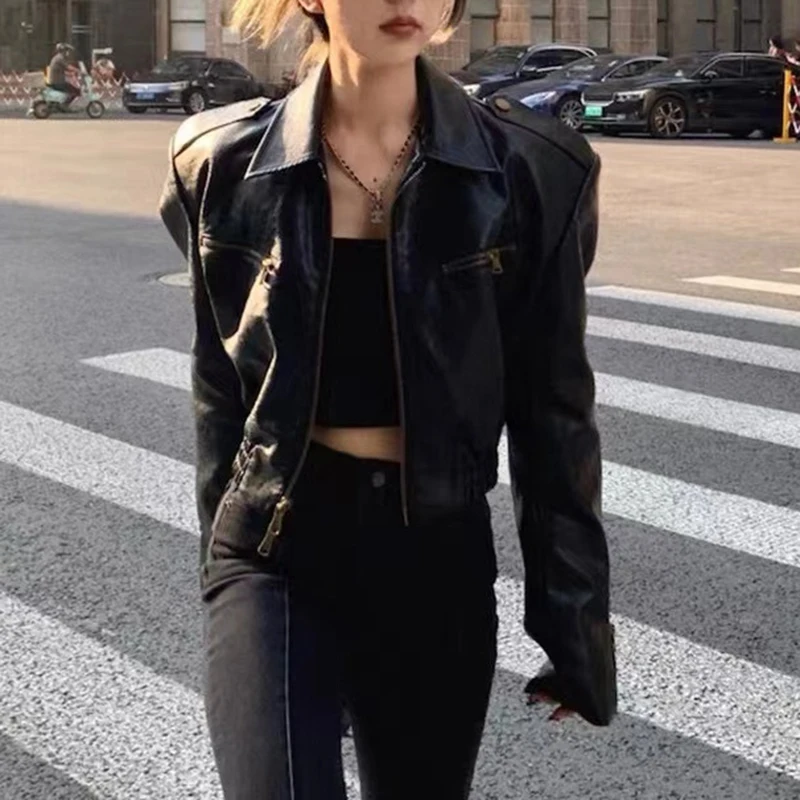 Women's Genuine Leather Jacket Lapel Two-Way Zipper Retro Oil Wax Skin Cow Leather Sexy and Hot Short Coat With Padded Shoulders