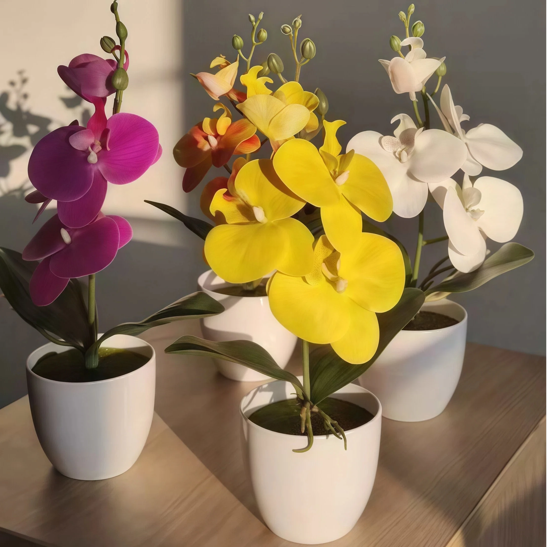 Orquídea Phalaenopsis artificial de 4 cabezas, flores falsas de orquídeas de mariposa realistas, flores realistas, material duradero