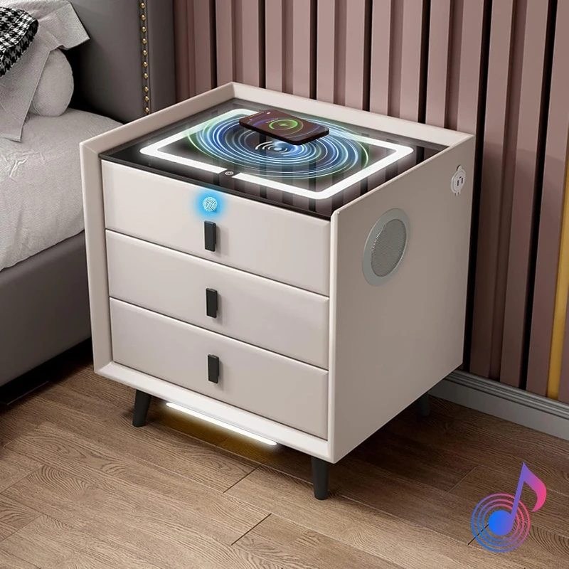 

Bed End Table Drawer Modern Bedside Desk Nightst And Table Wireless Charging Station Fingerprint Lock Speaker Organzizer