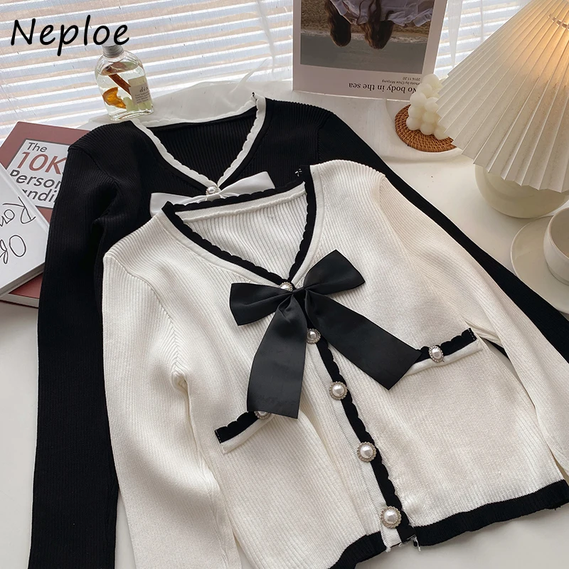 Neploe V-neck Bowknot Decoration Sweet Woman Sweaters Autumn 2024 Korean Style Short Knitted Cardigans Pearl Button Knit Tops