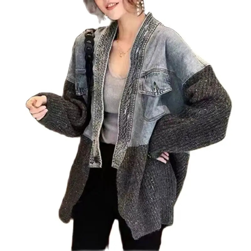 Veste en jean patchwork pour femmes, manches longues, vêtements décontractés pour femmes, poches coréennes, combinaison de boutons, printemps,