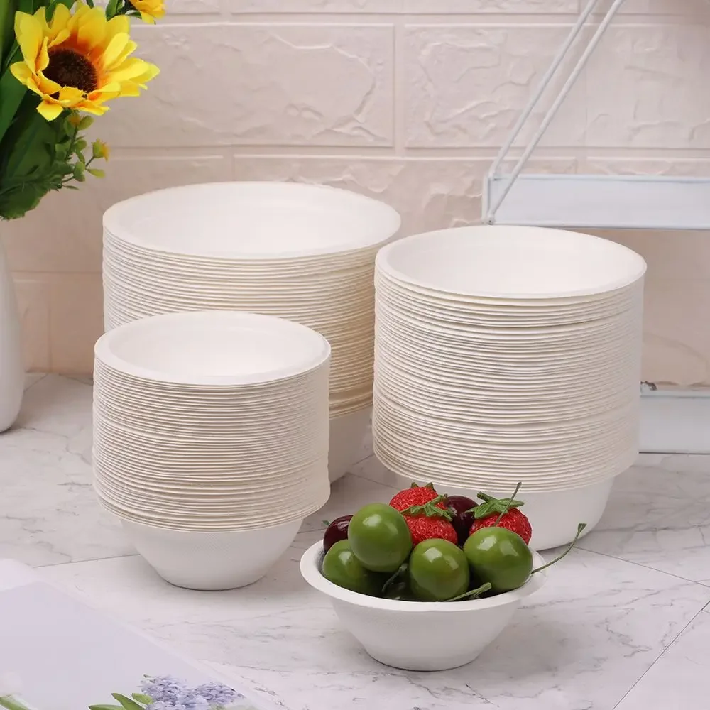 . 50PCS/Pack 220/350/500ml Disposable Dinnerware ECO-Friendly White Paper Bowl Disposable Tableware Outdoor Party Dining Supply