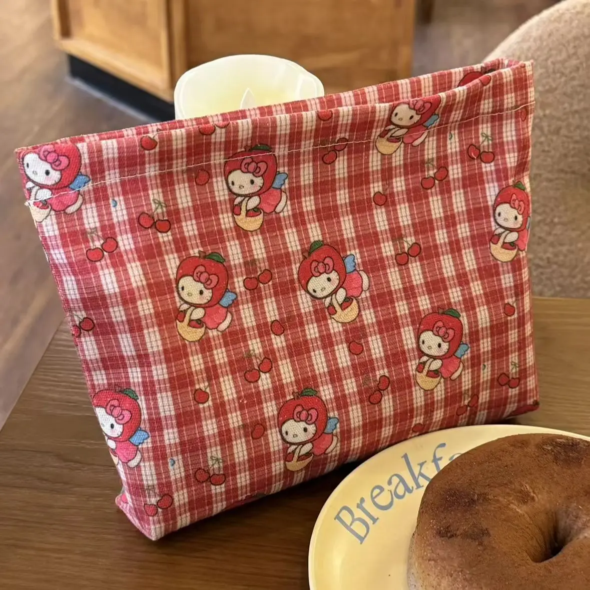 Kawaii Hello Kitty Sanrio Canvas Zipper Makeup Bag Cute Cartoon Printed Checkered Travel Storage Bag Casual Lunch Bento Handbag