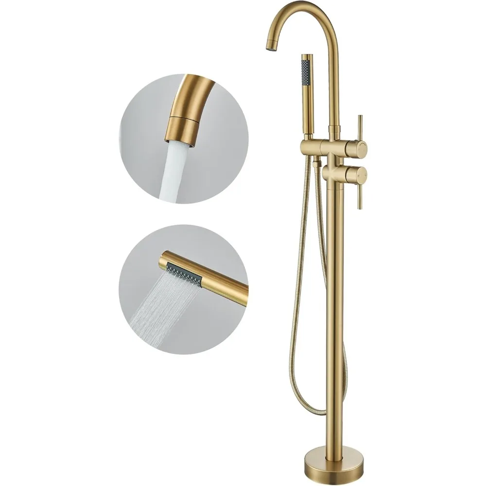 Grifo de bañera independiente con montaje en suelo y acabado en oro cepillado, sistema de ducha de alto flujo que incluye mezclador de ducha de mano Ta