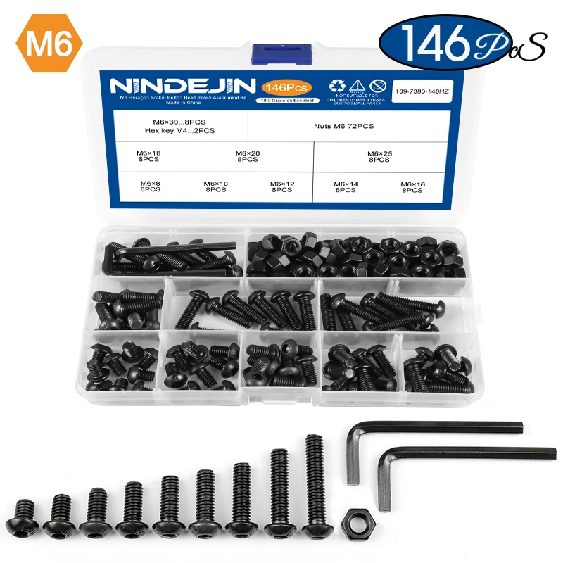 NINDEJIN Sechskant-Innensechskant-Halbrundkopfschraube, Mutter aus Kohlenstoffstahl, M2, M2,5, M3, M4, M5, M6, Inbus-Rundkopfschrauben-Set, Bolzen und Muttern-Set