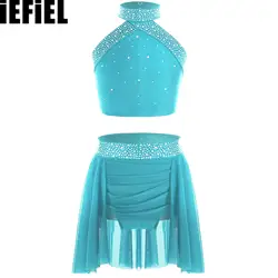 Kids Girls Sparkly Rhinestones Dance Outfit Halter Neck Sleeveless Backless Cross Back Vest with Ruched Irregular Skirt