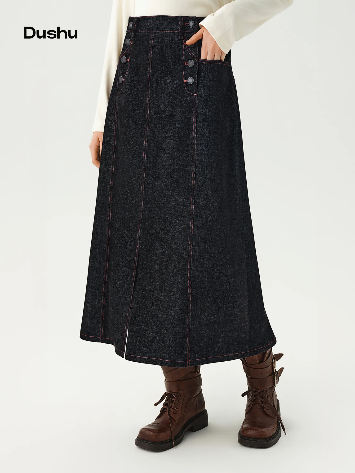 DUSHU Vintage-Style Utility Stretchy Denim Skirt Women 2026 Autumn/Winter New Arrival High-Waisted A-Line Skirt Button Design