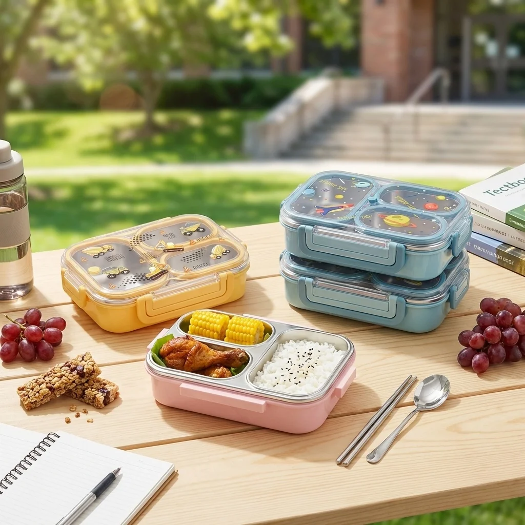 900ML Cute 304 Stainless Steel Divided Bento Lunch Box For Kids Microwave Safe Portable Leak-proof Food Container With Handle view 2