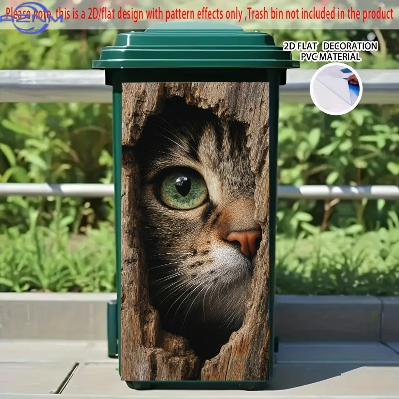 1pc 2D/FLAT, Self - Adhesive Dustbin Stickers, .01xcm, Cat Peeking from Behind Tree Hole Pattern, Creative Dustbin Stickers fo