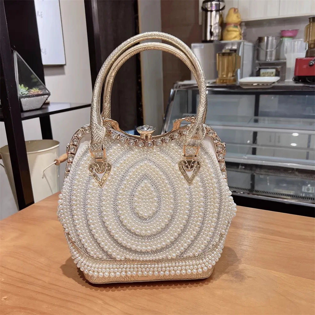 Fashion Pearl Beaded Bucket Bag Large Capacity Women's Handbag Luxury Crystal Shiny Rhinestones Diamond Shoulder Messenger Bag