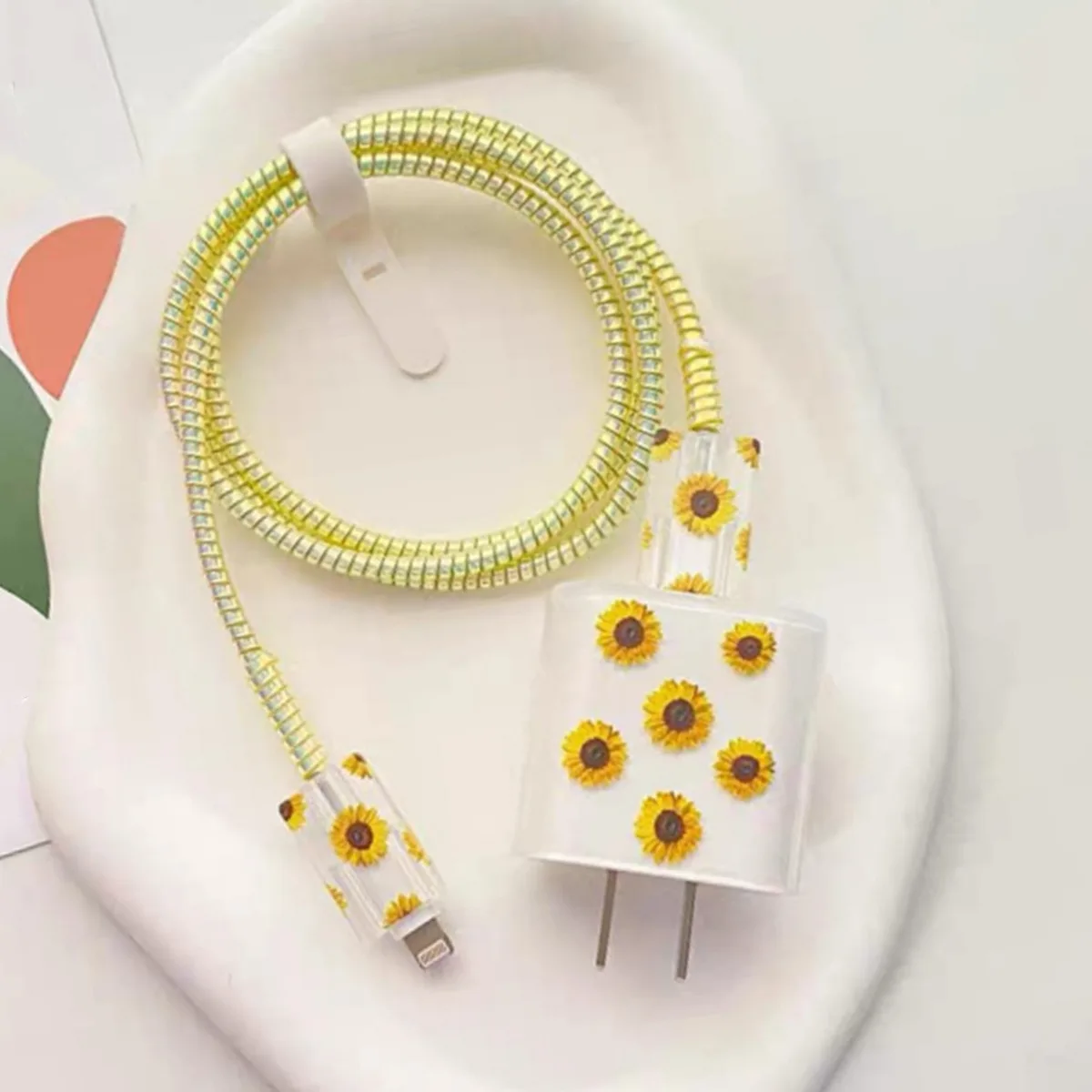 Yellow Sunflower Charging Data Cable Protector For iPhone 18/20w Charger Protective Cover Winder Accessories 5pcs