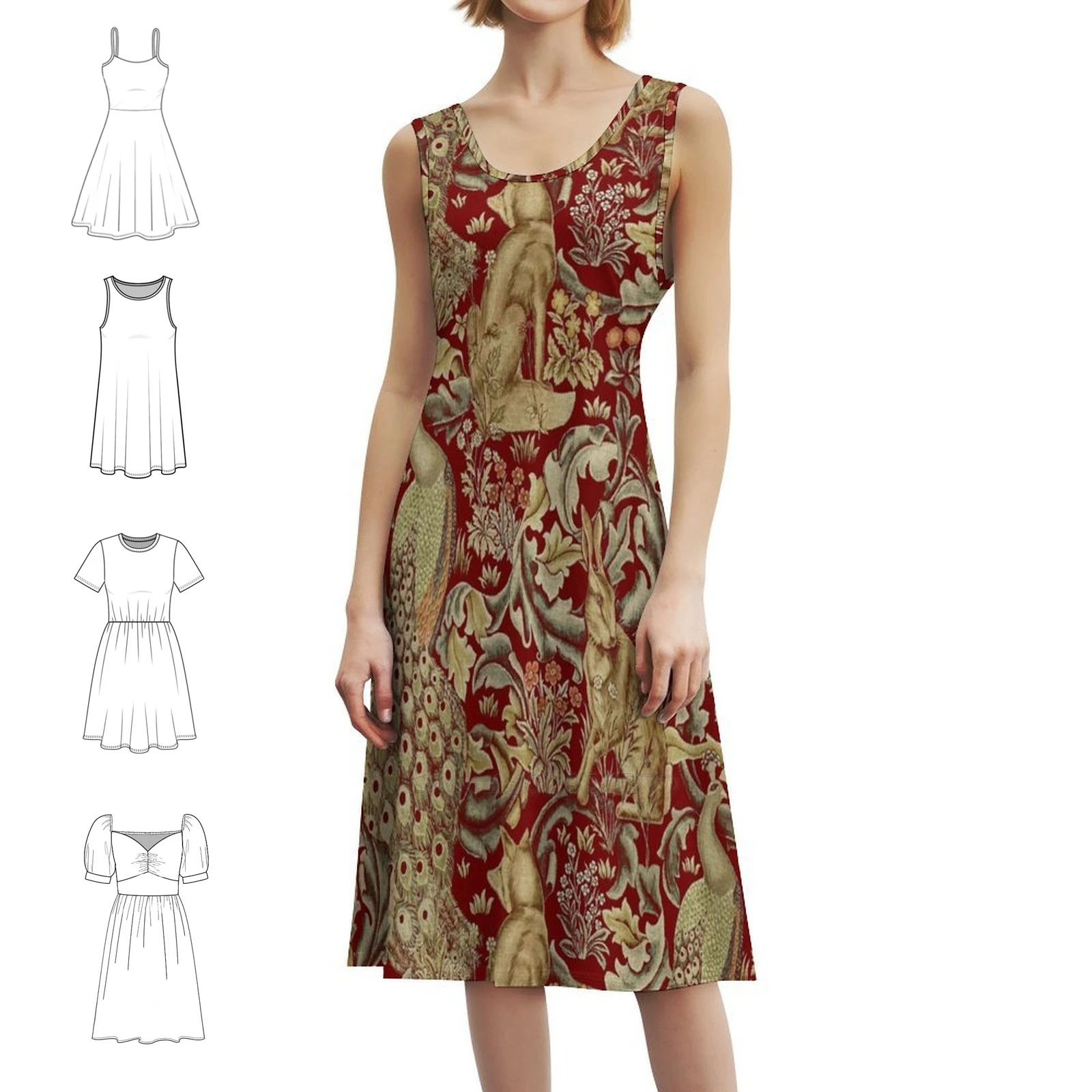 حيوانات الغابة الطاووس الثعلب والأرنب في أوراق حمراء بوهو شيك فستان أنيق أنيق على الشاطئ وحفلات الزفاف نمط الحيوان