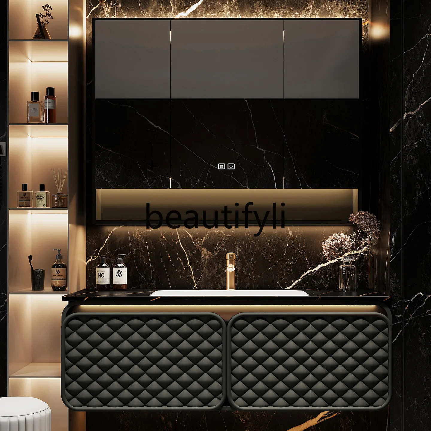 

Light Luxury Hotel Bathroom Cabinet Set High-End Seamless Rock Slab Basin Washstand Bathroom Sink Cabinet