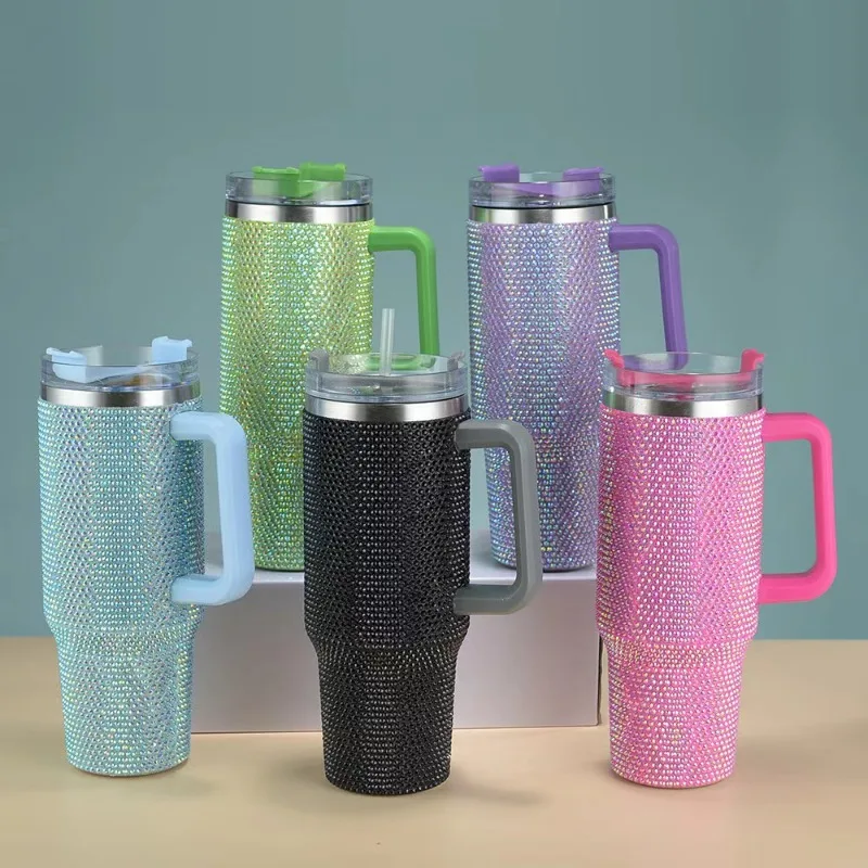 40oz Rhinestone Straw Tumbler Insulated Women Cup Shiny Diamond Travel Car Thermoses Coffee Mug Flask Water Bottle Drinkware